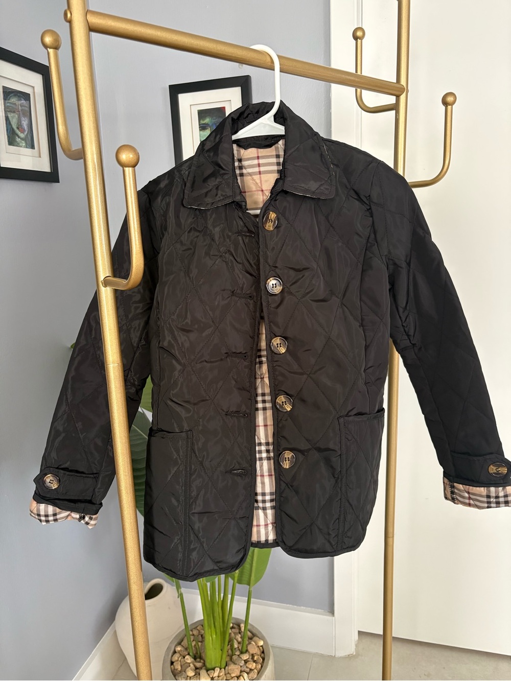 Women’s Black Quilted Jacket with Plaid Lining